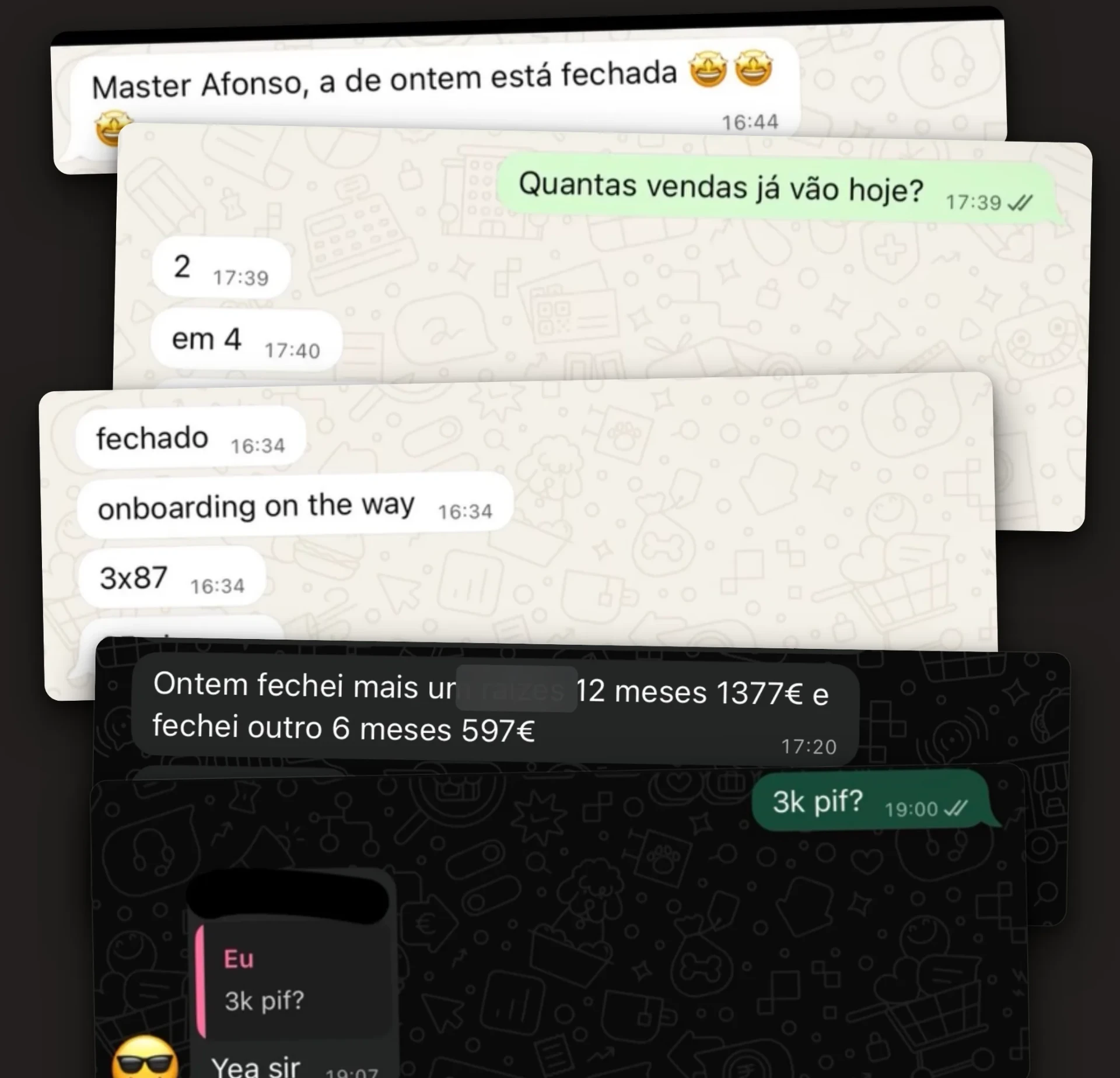 Mensagens de alunos da Closing Academy a partilhar vendas fechadas